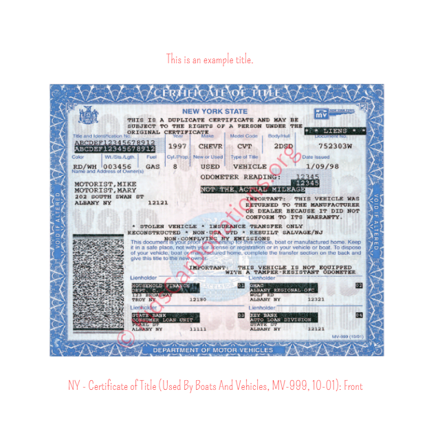 This is an Example of New York Certificate of Title (Used BY Boats And Vehicles, MV-999, 10-01) Front View | Kids Car Donations